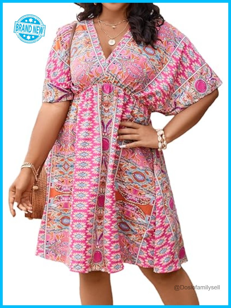 Women's Plus Size Wrap V-Neck Short Sleeve Ruffle Hem A-Line Mini Dress